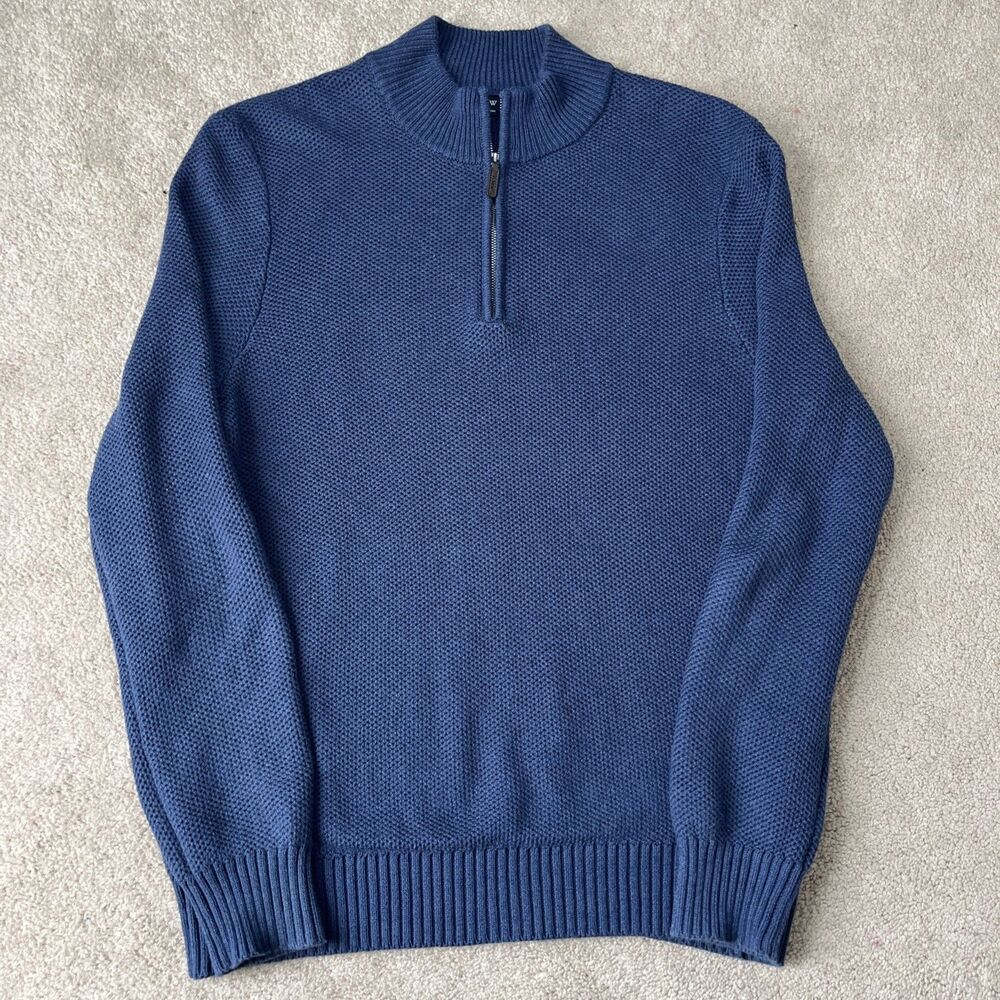 J Crew 1/4 Zip Sweater Mens Large Cotton Honeycomb Knit Blue Preppy Casual